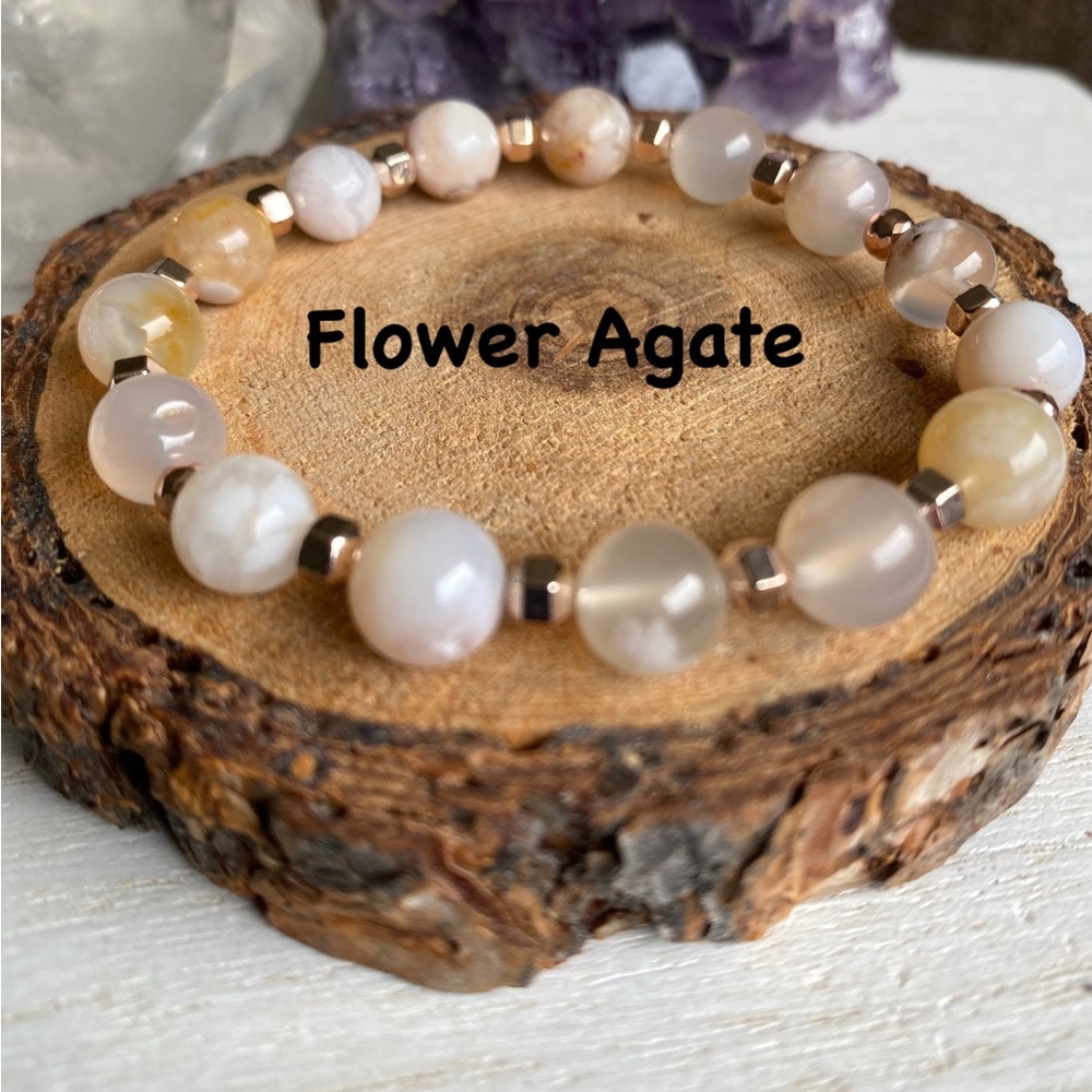 8mm Flower/Cherry Blossom Agate Gemstone Stretch Bracelet